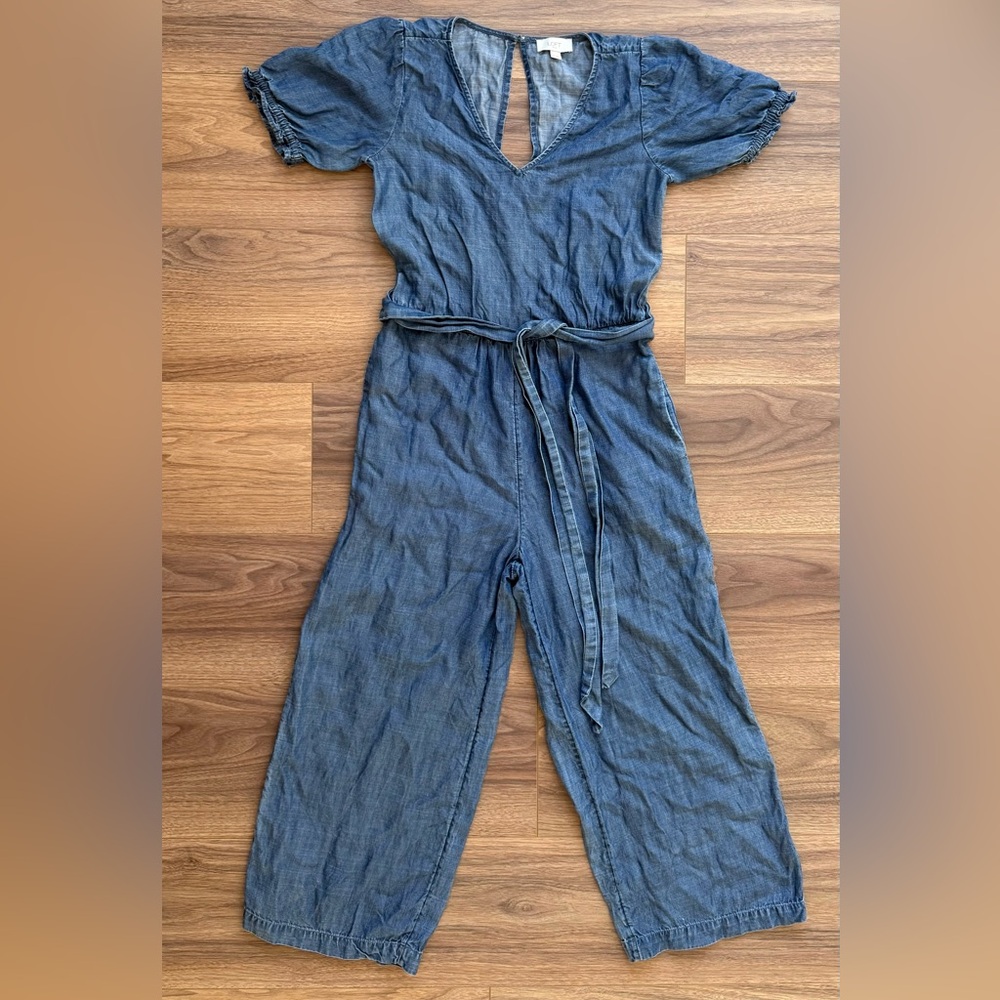 Lightweight Chambray Jumpsuit Tie-Waist Wide Leg Loft Size XS Denim Minimalist - Picture 3 of 11